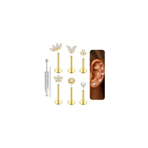 AFSITNIG G23 Titanium Flat-Back Studs, 16G, gold finish (6 pack)