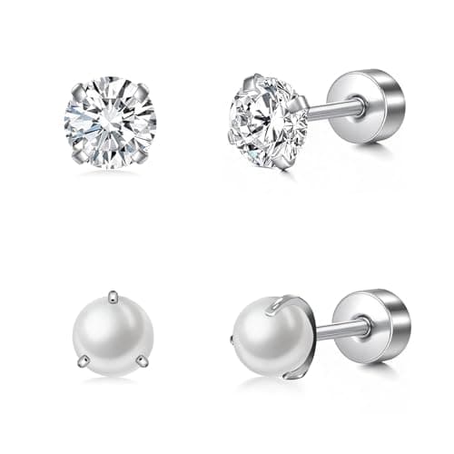 GUIJUEYE Titanium Pearl and CZ Earrings, 2 pairs