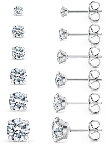 316L Stainless Steel CZ Studs, 6 pairs (3–8mm)