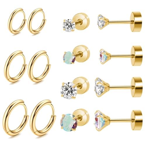 Titanium and Surgical Steel Flat-Back and Hoop Set, 7 pairs