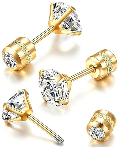 MHWTTY Titanium CZ Studs, 20G Post, Screw Back, 4mm