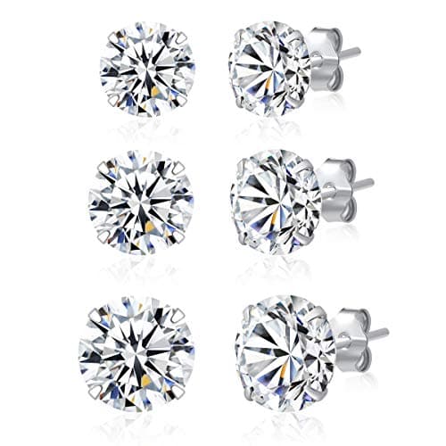 SILBERTALE 925 Sterling Silver CZ Studs, 3 pairs, 3–8mm