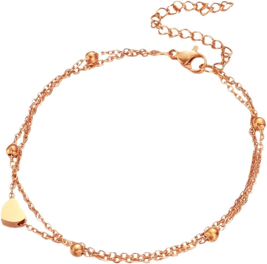 Tpocean Layered Heart Anklet, adjustable 20+5cm