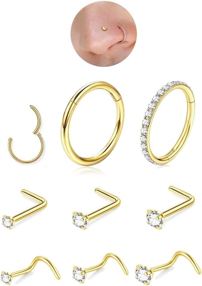 DAILI Titanium Nose Studs and Hoops, 8 pieces (18G and 20G)