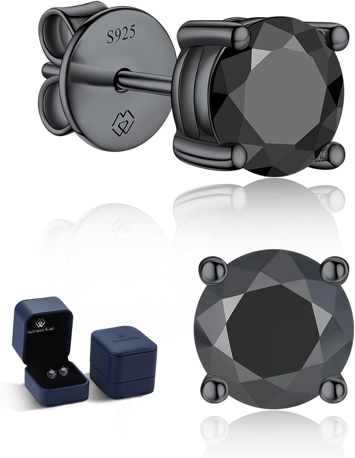 MomentWish Moissanite and Onyx Studs, 925 Sterling Silver