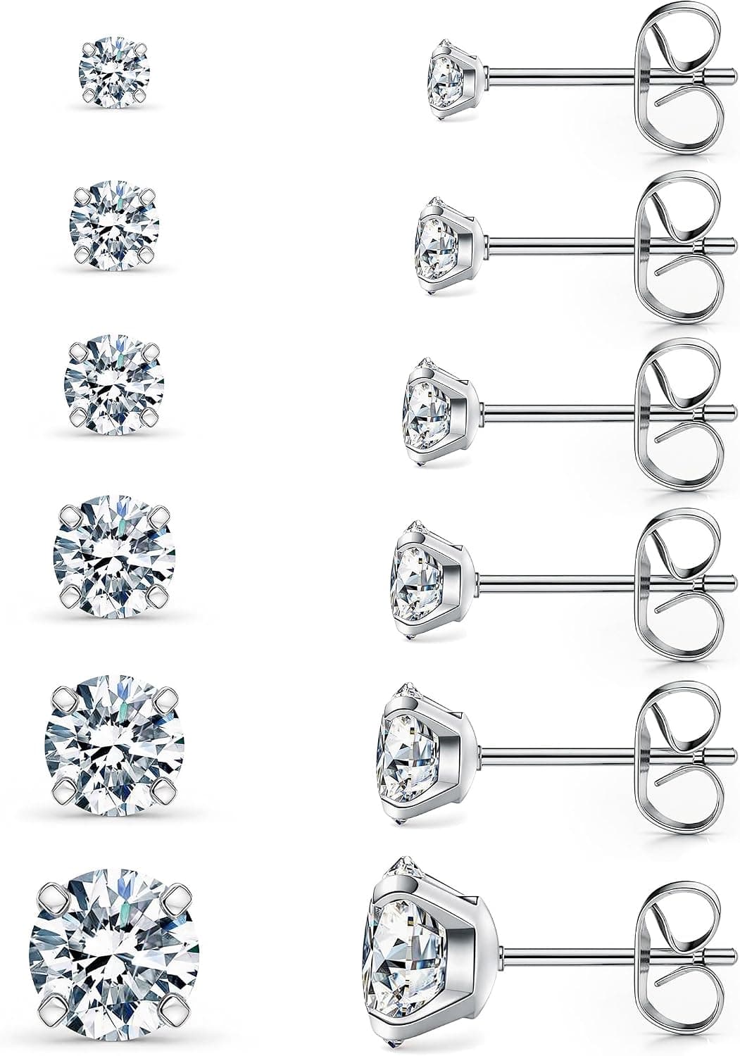 316L Stainless Steel CZ Studs, 6 pairs (3–8mm)