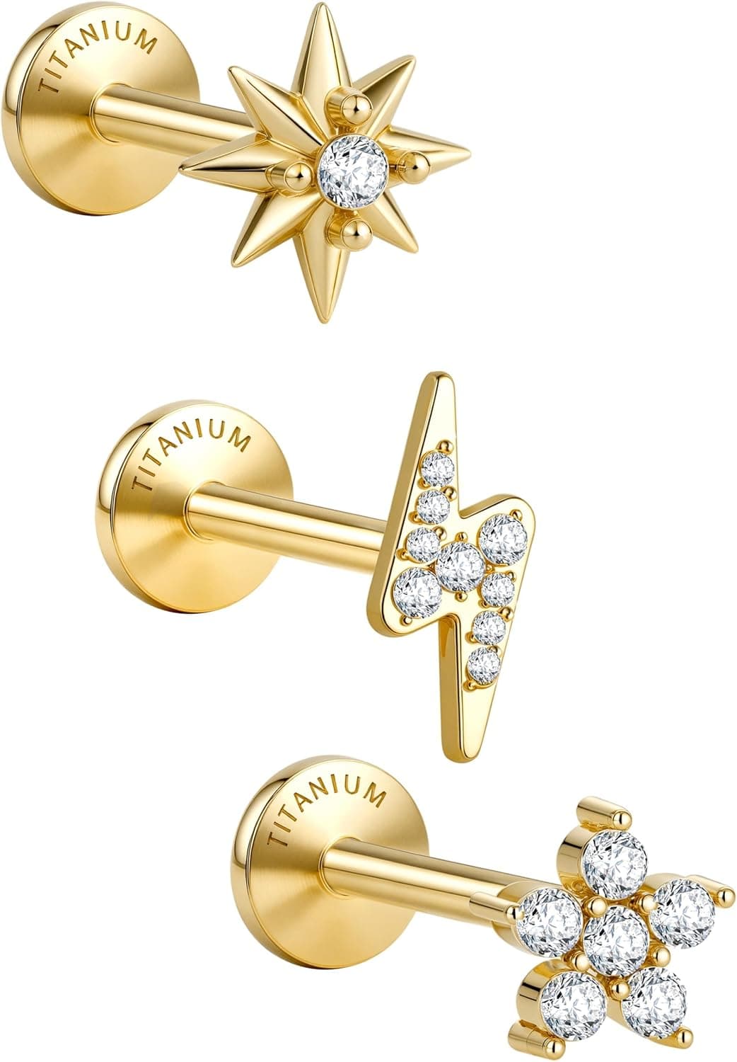 GEMQUEEN G23 Implant-Grade Titanium Flat-Back Studs, 18G (3 pack)