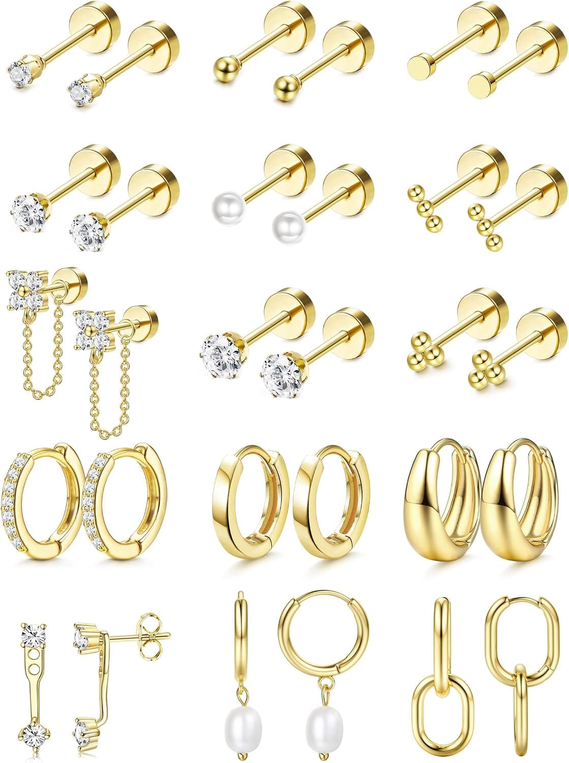 14K Gold-Plated Surgical Steel Flat-Back and Hoop Stack, 20G