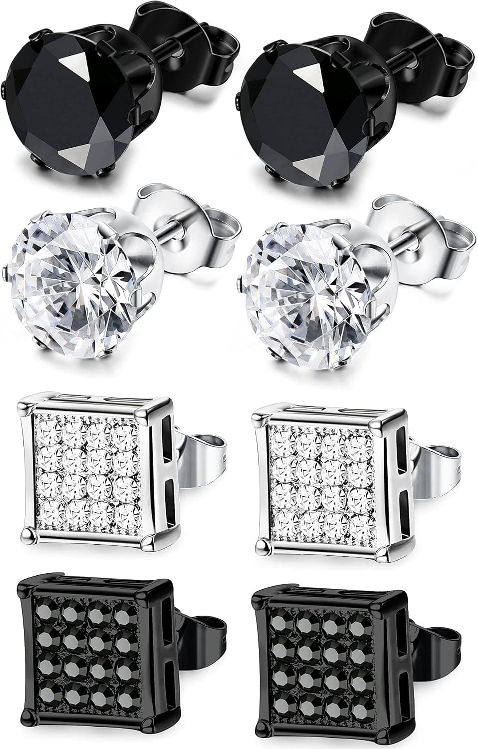 Stainless Steel Square CZ Studs for Men, 4 pairs (6–10mm)