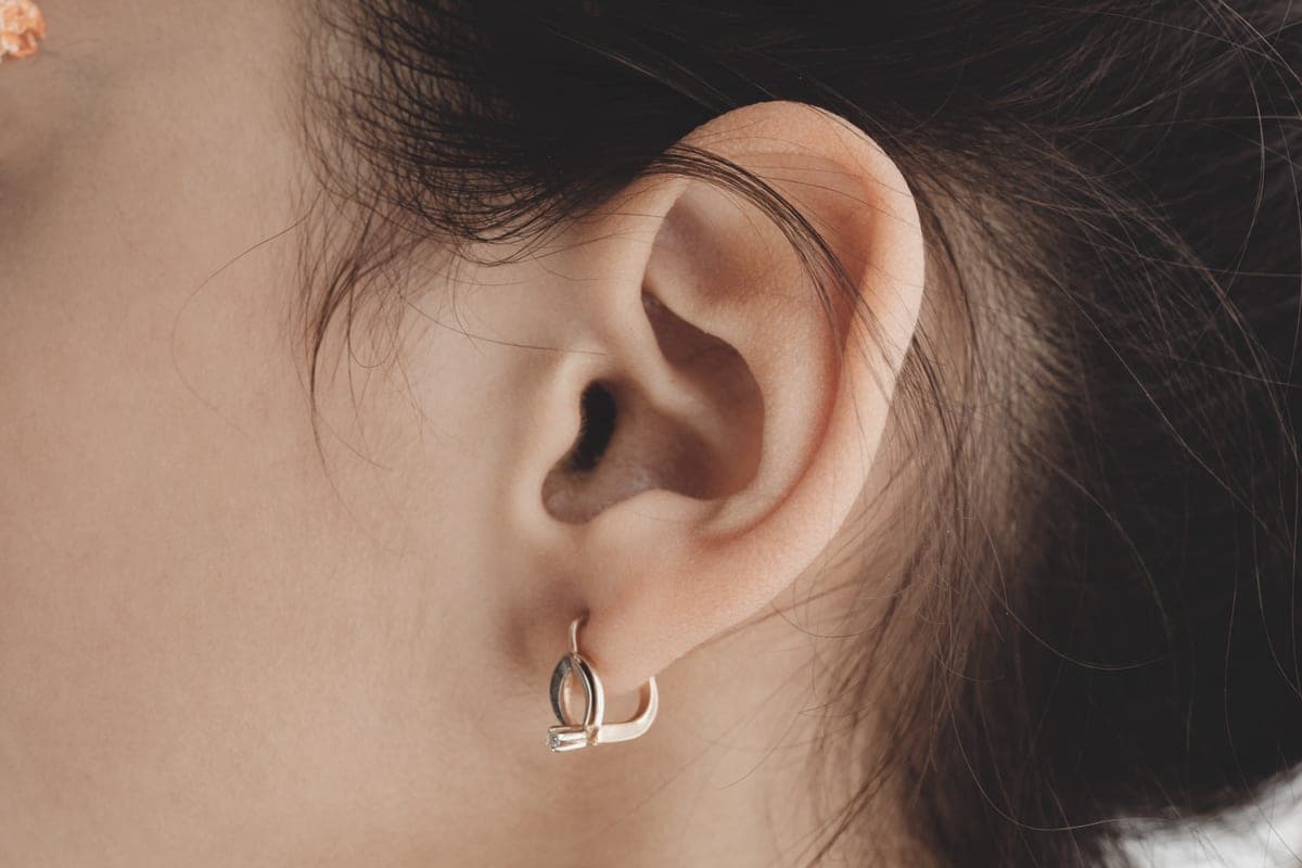 An ear wearing several small cartilage earrings in natural light