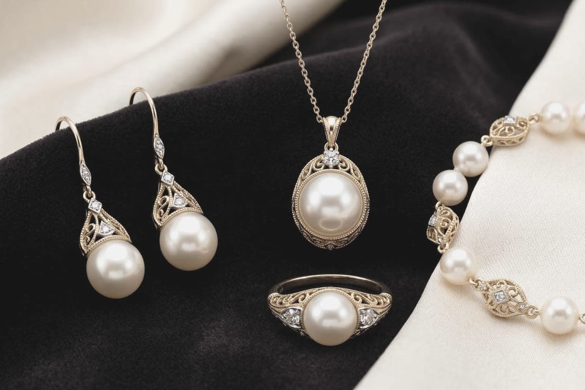 A matching necklace and earring set laid out on linen