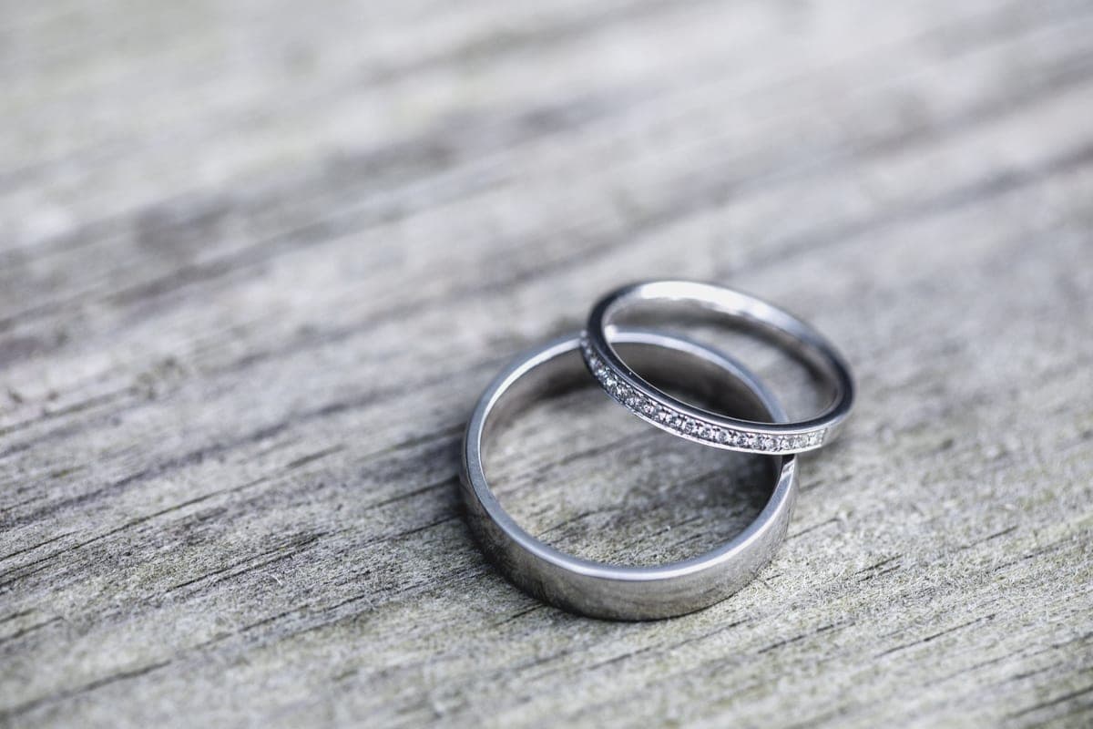 Plain silver-toned band rings arranged on a pale background