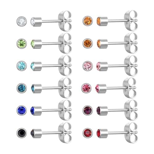 Surgical Steel Birthstone CZ Studs, 12 pairs