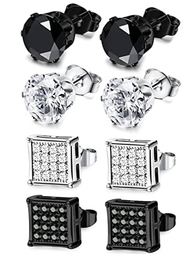 Stainless Steel Square CZ Studs for Men, 4 pairs (6–10mm)