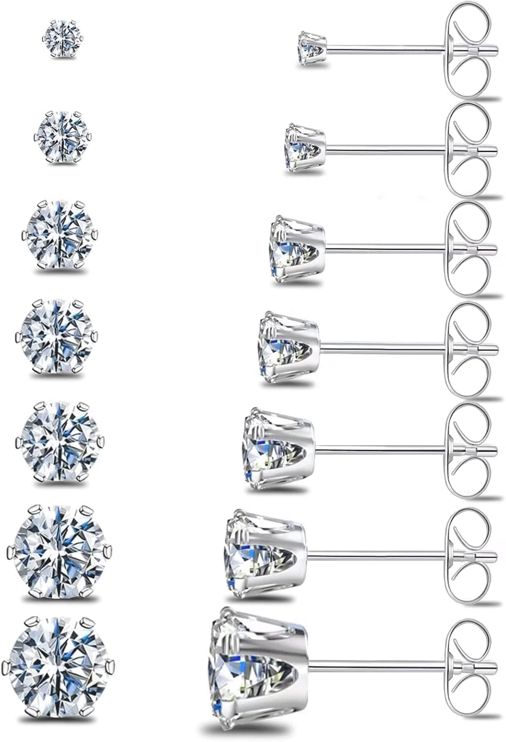 Titanium and Steel CZ Stud Set, 7 pairs (2–8mm)