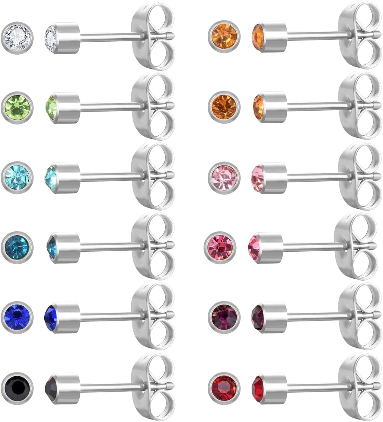 Surgical Steel Birthstone CZ Studs, 12 pairs